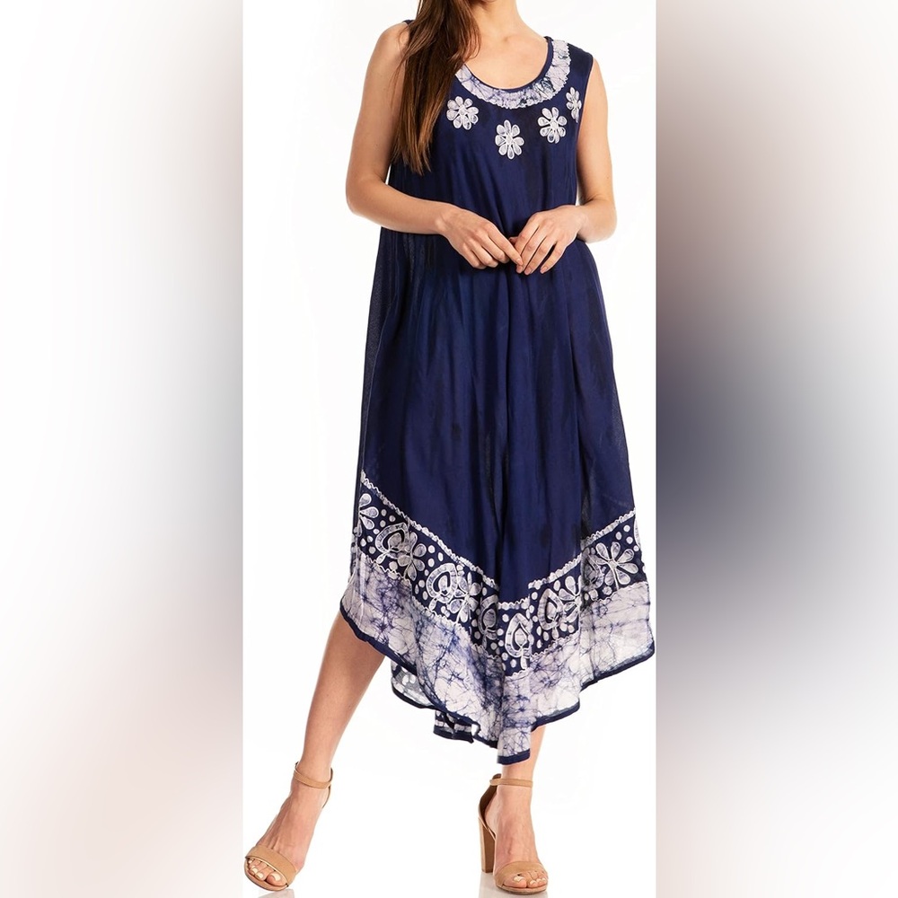 Rima Navy Sleeveless Embroidered Scarf Hem Dress beach cover up one size